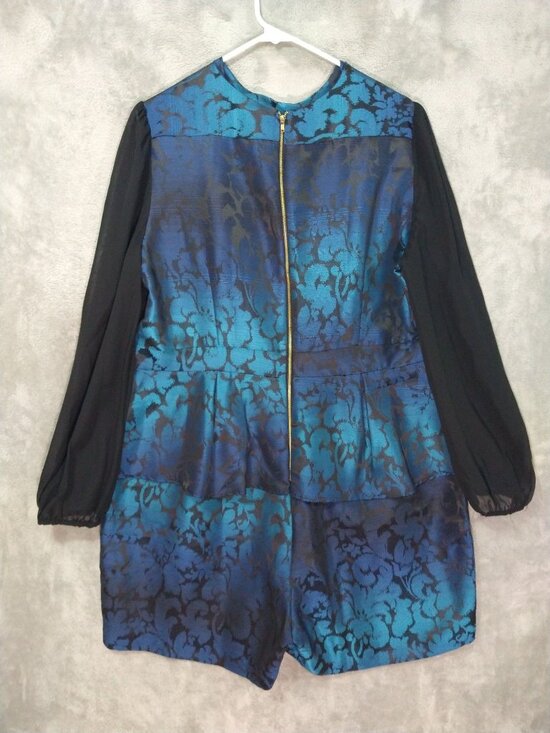 Monif C. Pants - Monif C Romper Womens 2X Blue Floral Crew Neck Long Sleeve Blue Peplum Satin